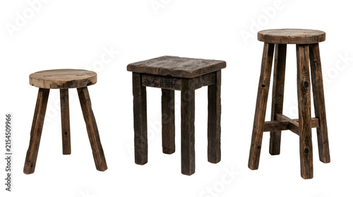 Three rustic wooden stools for seating in vintage home decor.