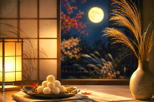 Elegant Japanese Tsukimi Moon Viewing Scene with Dango and Harvest Moon