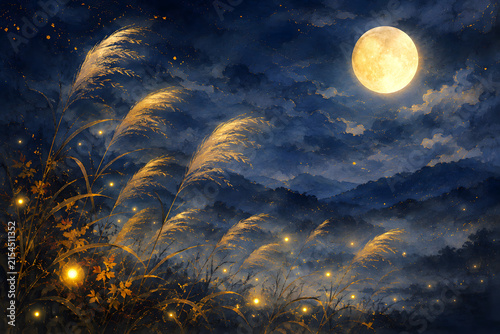 Dreamy Japanese Autumn Night with Moonlit Pampas Grass and Fireflies