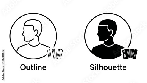 Obraz na plátne Person Outline and Silhouette with Accordion: A comparative graphic showing two profile icons of a person, one as a line drawing outline and the other as a solid silhouette