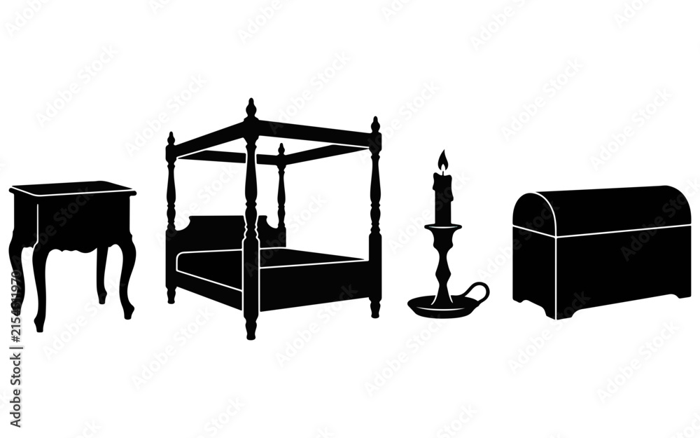 Fototapeta premium A collection of vintage furniture silhouettes including a four poster bed a bedside table a candle holder and a chest