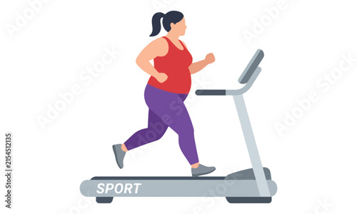 Plus-size woman running on treadmill vector illustration