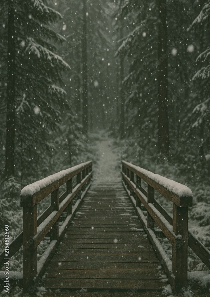 Obraz premium Snowy forest bridge tranquility