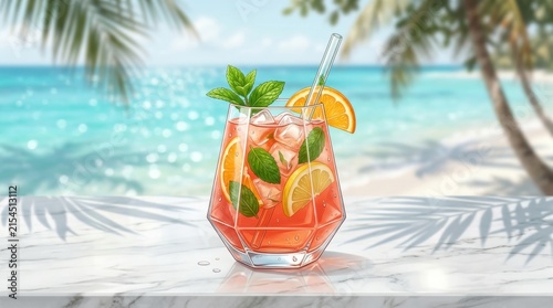 Refreshing Tropical Cocktail with Mint and Citrus on Sunny Beach