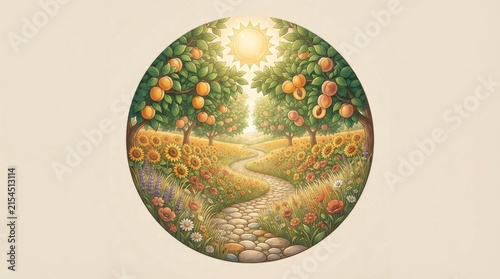 Circular Illustration of Sunny Orchard Path with Flowers and Fruit