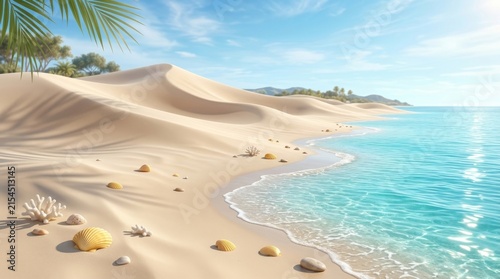 Serene Tropical Coastline with White Sand Dunes and Seashells