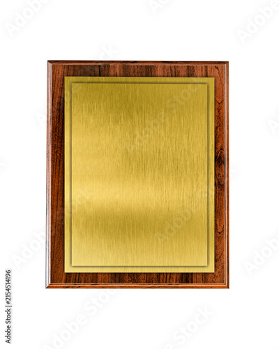 Fotografía Wooden board with gold plate isolated on white background