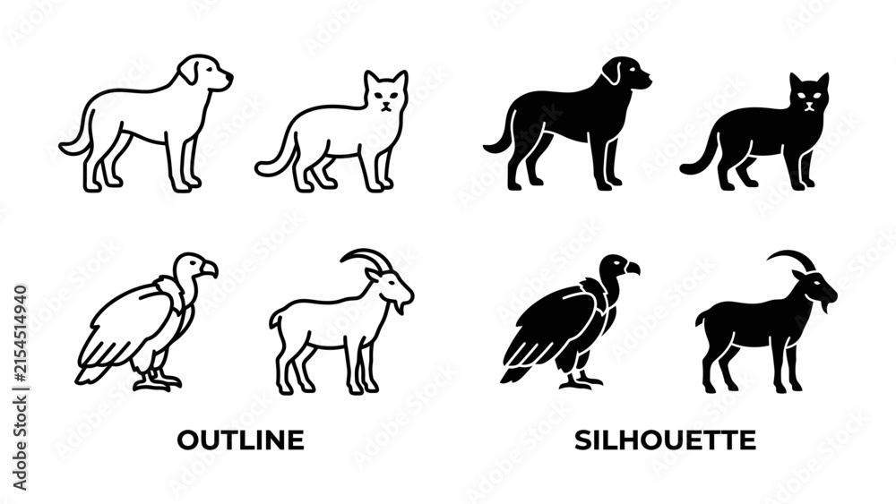 Fototapeta premium Animal Icons Collection: A compilation of outline and silhouette illustrations featuring dogs, cats, vultures, and goats, offering diverse graphic representations of common animals.