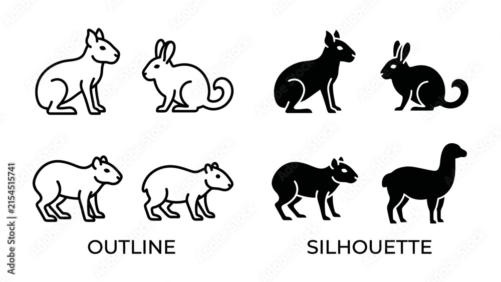 Fototapeta premium Rabbit and Capybara Icon Set: A collection of stylized outline and silhouette icons featuring rabbits and capybaras, perfect for digital design and graphic representation.