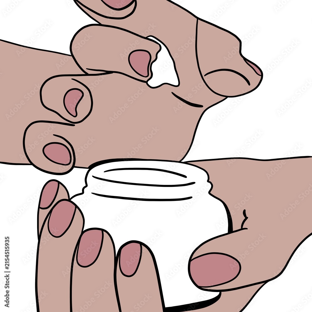 Obraz premium Doodle illustration of hands holding cream tube, makeup, health care 