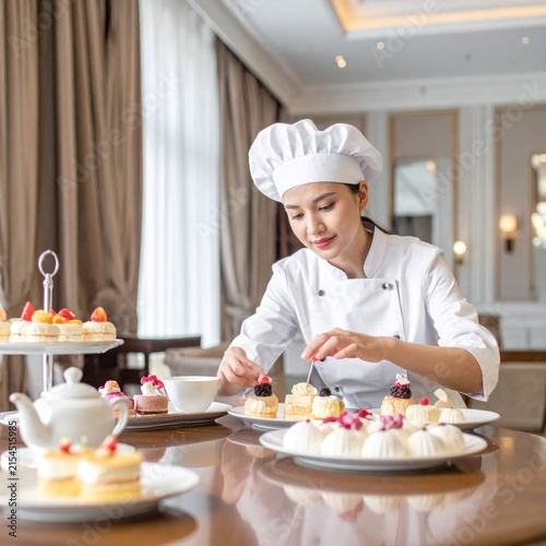Female pastry chef decorating gourmet desserts in kitchen.