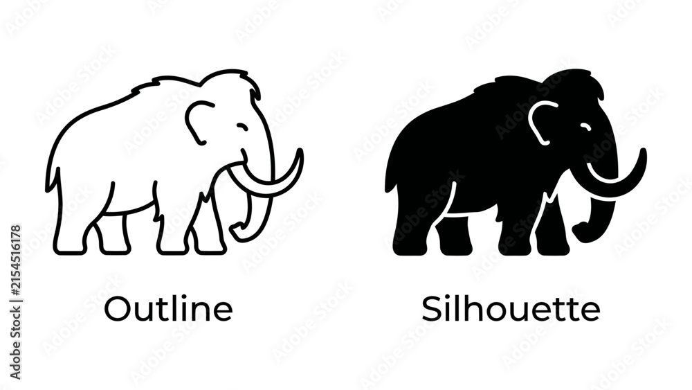 Fototapeta premium Mammoth Outline and Silhouette: Two representations of a mammoth, one as a clear outline and the other as a solid silhouette, showcasing the prehistoric creature in a clean graphic style.
