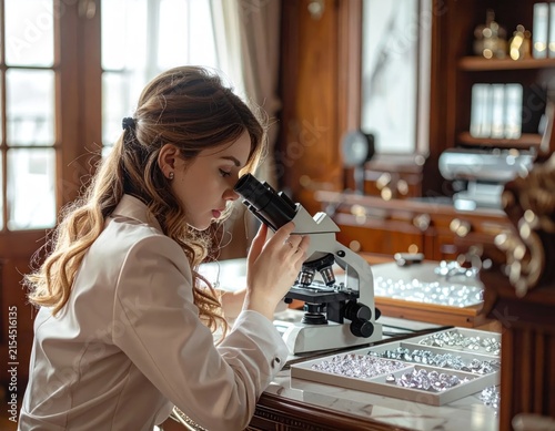 Female scientist researching samples through laboratory microscope.