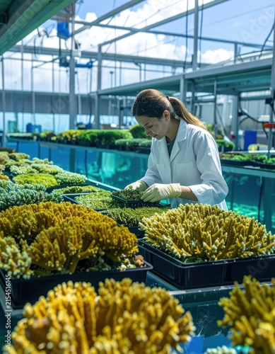 Female scientist studying coral in research laboratory greenhouse.