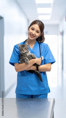 Female veterinarian in blue scrubs holding grey cat.