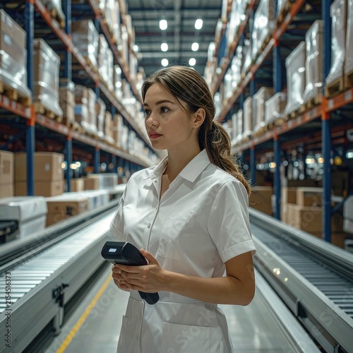 Female warehouse worker scanning inventory with handheld device.