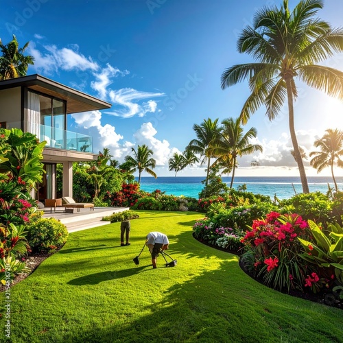 Gardener maintaining lush lawn at tropical oceanfront villa.