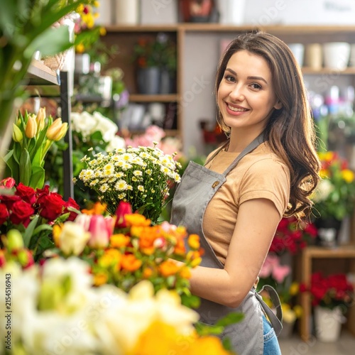 Happy female florist smiling in vibrant flower shop