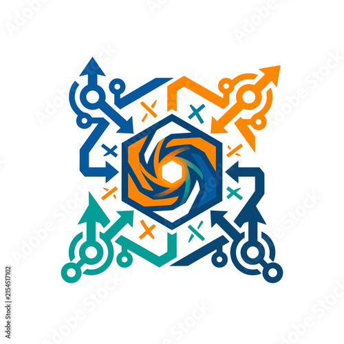 A colorful geometric abstract design with arrows and shapes