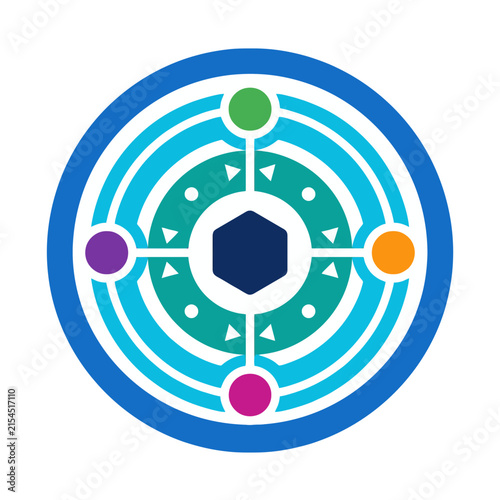 A colorful geometric circular icon with a central dark hexagon