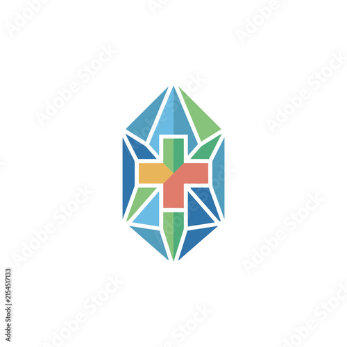 A colorful geometric crystal shape with a central cross symbol