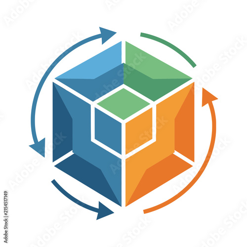 A colorful geometric cube icon with rotating arrows around it
