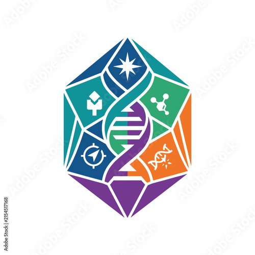 A colorful geometric emblem featuring a central double helix structure