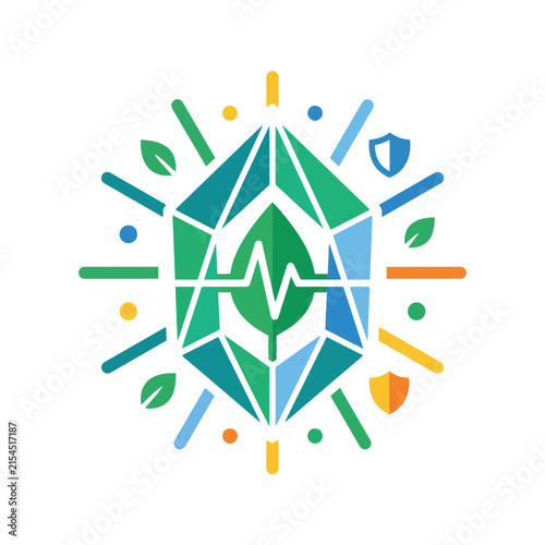 A colorful geometric emblem featuring a central leaf and pulse line