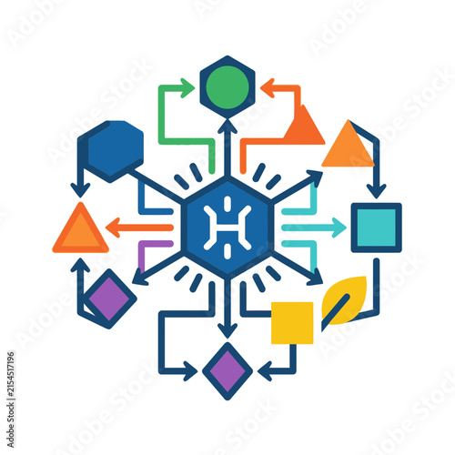 A colorful geometric diagram showing interconnected system flow processes