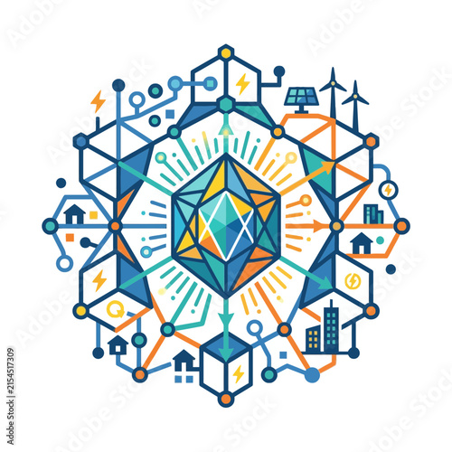 A colorful geometric illustration of a modern energy power grid