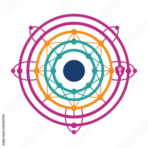 A colorful geometric mandala design with concentric circular patterns