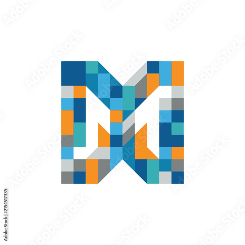 A colorful geometric letter shape composed of small square tiles