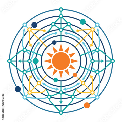 A colorful geometric mandala design with a central sun icon