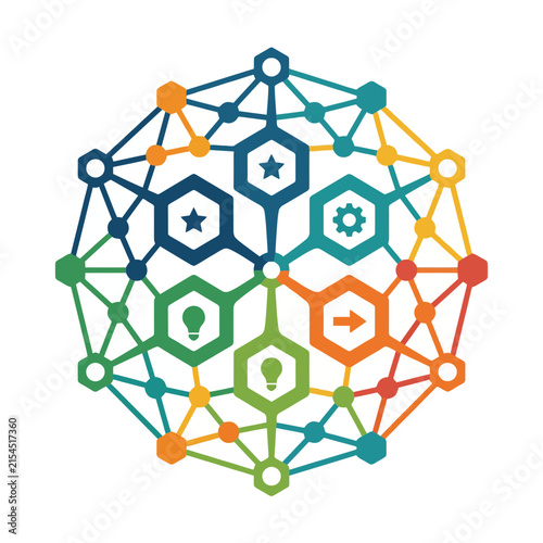 A colorful geometric network diagram with various abstract icons