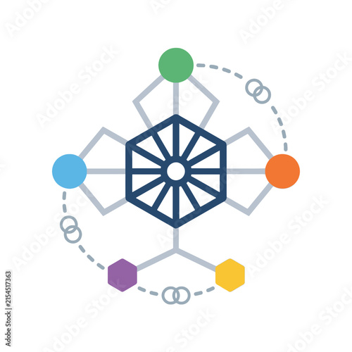 A colorful geometric network diagram on a clean white background