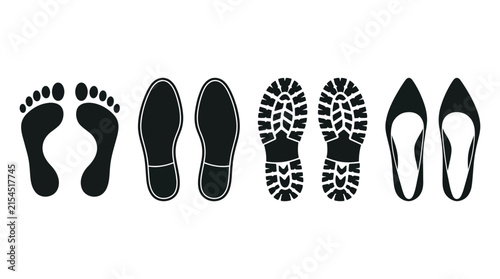 Detailed vector illustration showing diverse footwear imprints including bare feet and multiple types of shoes