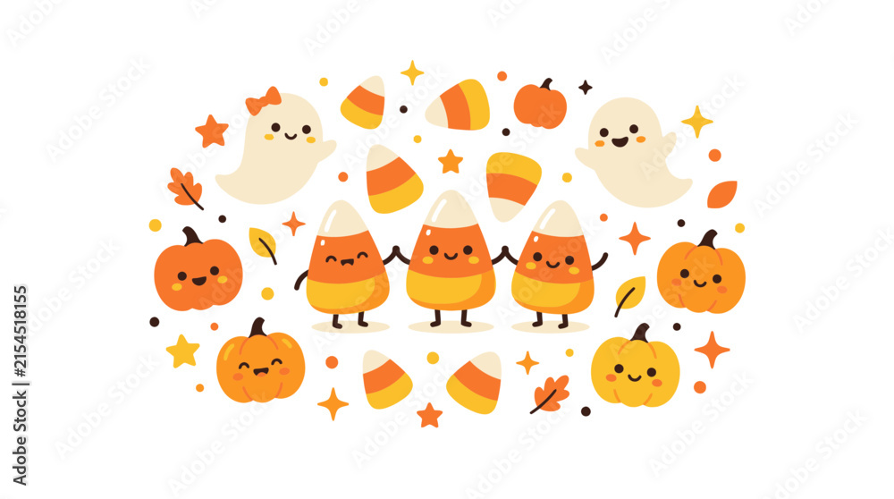 Fototapeta premium Cute Halloween background with ghosts and candy corn.