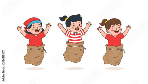 Children Jumping in Burlap Sacks Cartoon Illustration