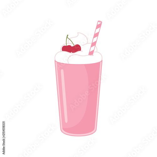 Illustrated Pink Milkshake with Whipped Cream and Cherry Isolated