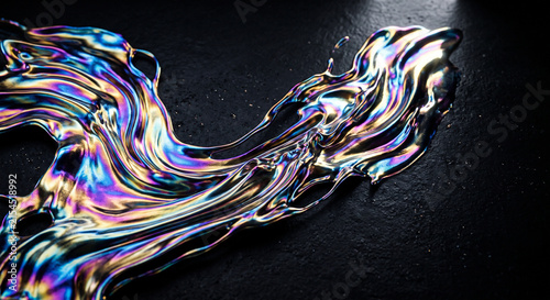 Abstract 3D rendering of an iridescent metallic liquid splash on a dark background.