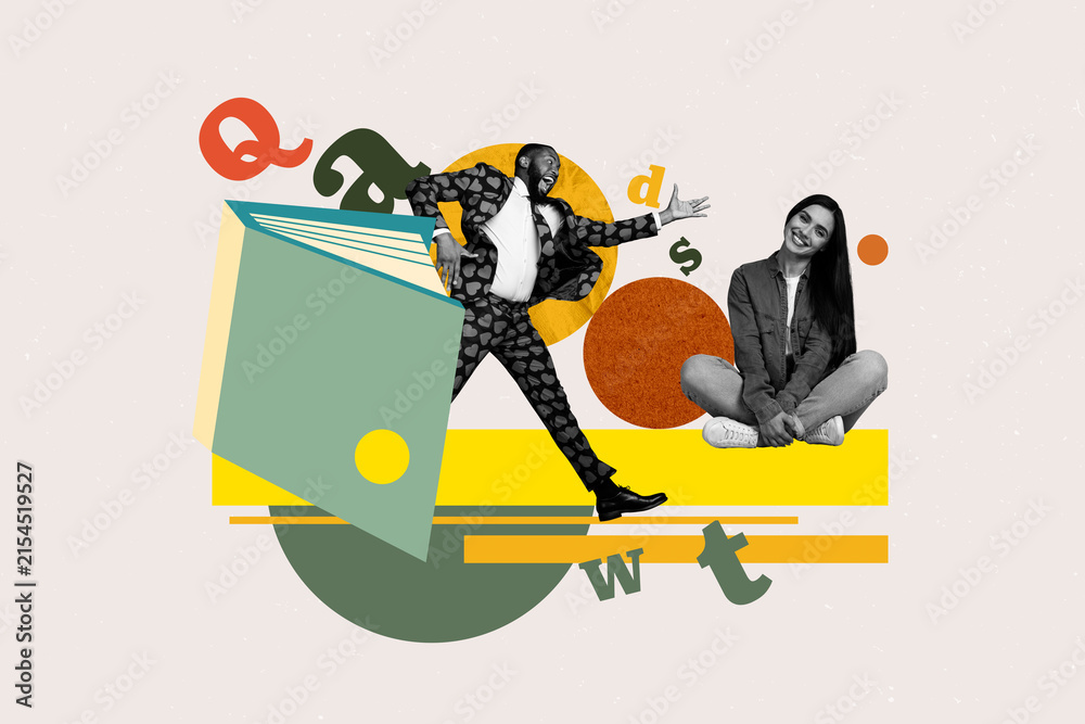 Fototapeta premium Pop art full zine photo collage of happy girl guy stand library academic book stack education learner letters vocabulary encyclopedia