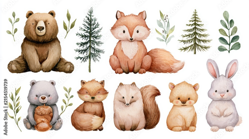 Obraz premium Cute Forest Animals and Trees Watercolor Set