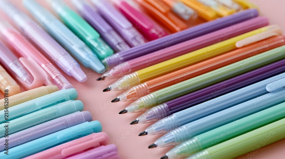 Fototapeta premium A vibrant collection of colorful gel pens arranged diagonally on a soft pink surface showcasing pastel and bright hues