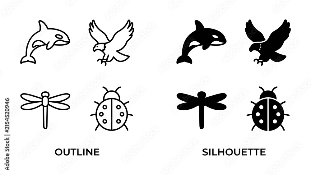 Obraz premium Animal Icon Set: A collection of animal icons including a dolphin, eagle, dragonfly, and ladybug in both outline and silhouette styles, representing nature and wildlife.