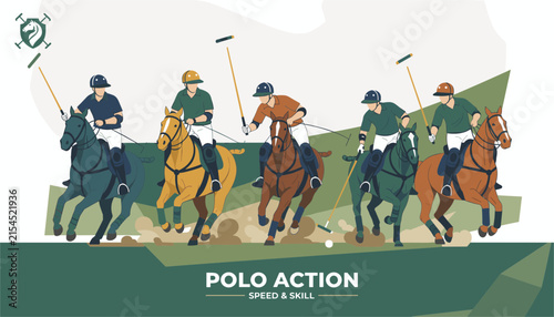 Group of polo players riding horses during an intense match demonstrating speed skill and equestrian sports action illustration.