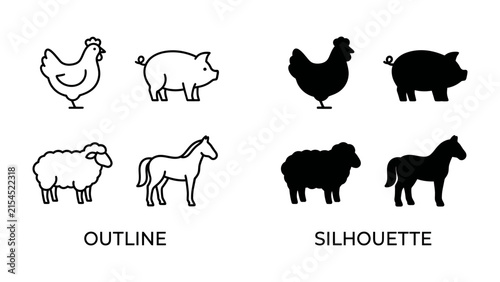 Foto Farm Animal Icons: A set of stylized outline and silhouette icons representing common farm animals like chickens, pigs, sheep, and horses, perfect for graphic design and agricultural themes