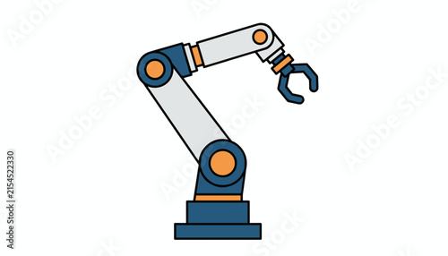 Industrial robotic arm in blue and grey, showing modern technology, automation, and manufacturing efficiency in a clean, simple graphic style.
