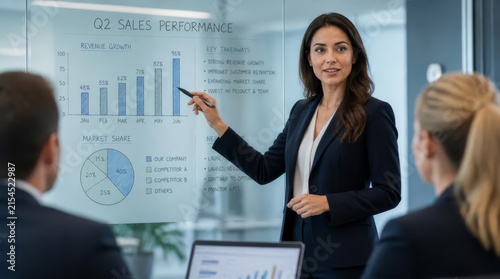 Businesswoman pointing at sales growth chart on glass board in meeting