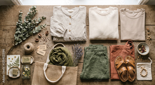 Flat lay of folded organic clothing, a canvas tote bag, and lavender on a wooden surface.