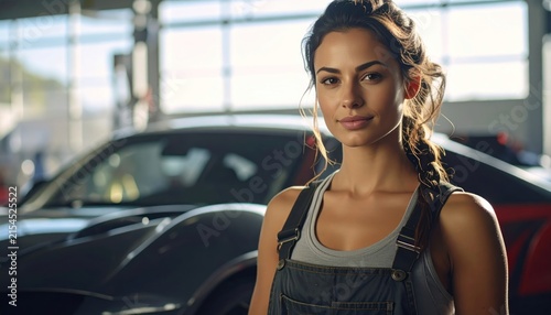 Portrait of a confident young female mechanic standing in a car workshop.